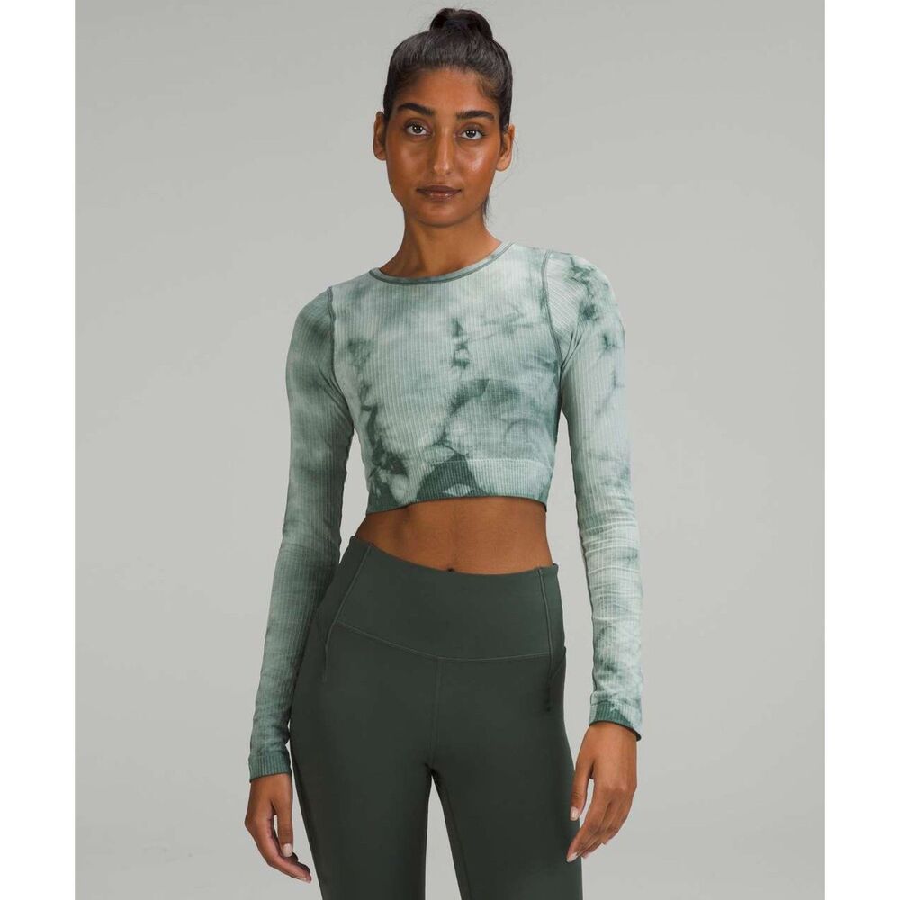 Lululemon Ebb to Street Marble Dye Long Sleeve Crop hirt Tidewater Teal Womens 6